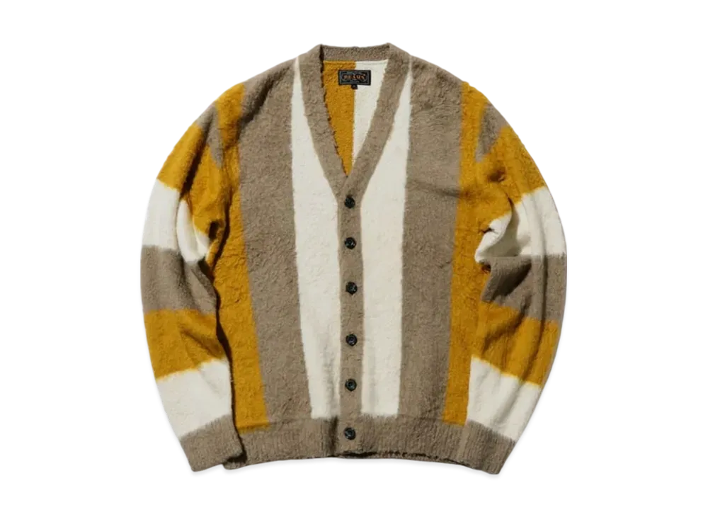 BEAMS Cardigan Stripe Cotton Shaggy "Beige"