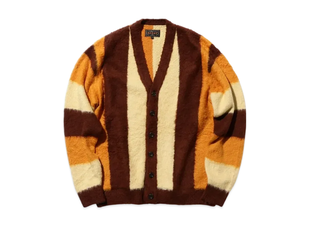 BEAMS Cardigan Stripe Cotton Shaggy "Brown"