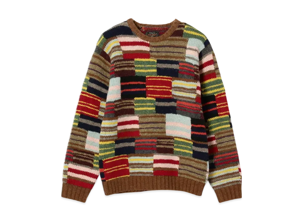 BEAMS Crew Hand Knit Patchwork "Stripe"