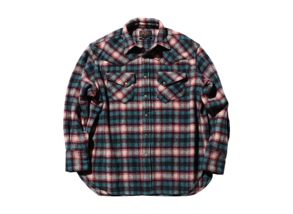 BEAMS Western Shirt Wool/Alpaca Plaid Shaggy "Teal"