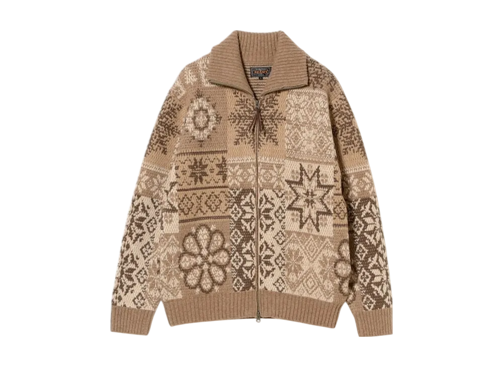 BEAMS Zip Cardigan Double Jacquard Patchwork Like Pattern "Brown"