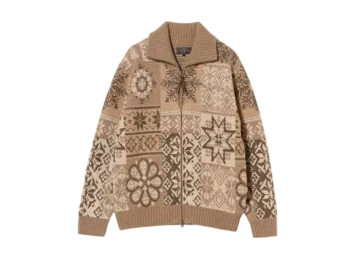 BEAMS Zip Cardigan Double Jacquard Patchwork Like Pattern "Brown"