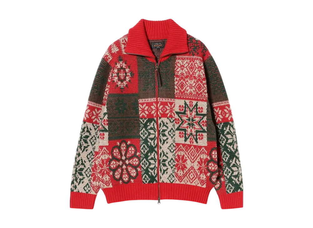 BEAMS Zip Cardigan Double Jacquard Patchwork Like Pattern "Red"