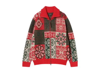BEAMS Zip Cardigan Double Jacquard Patchwork Like Pattern "Red"