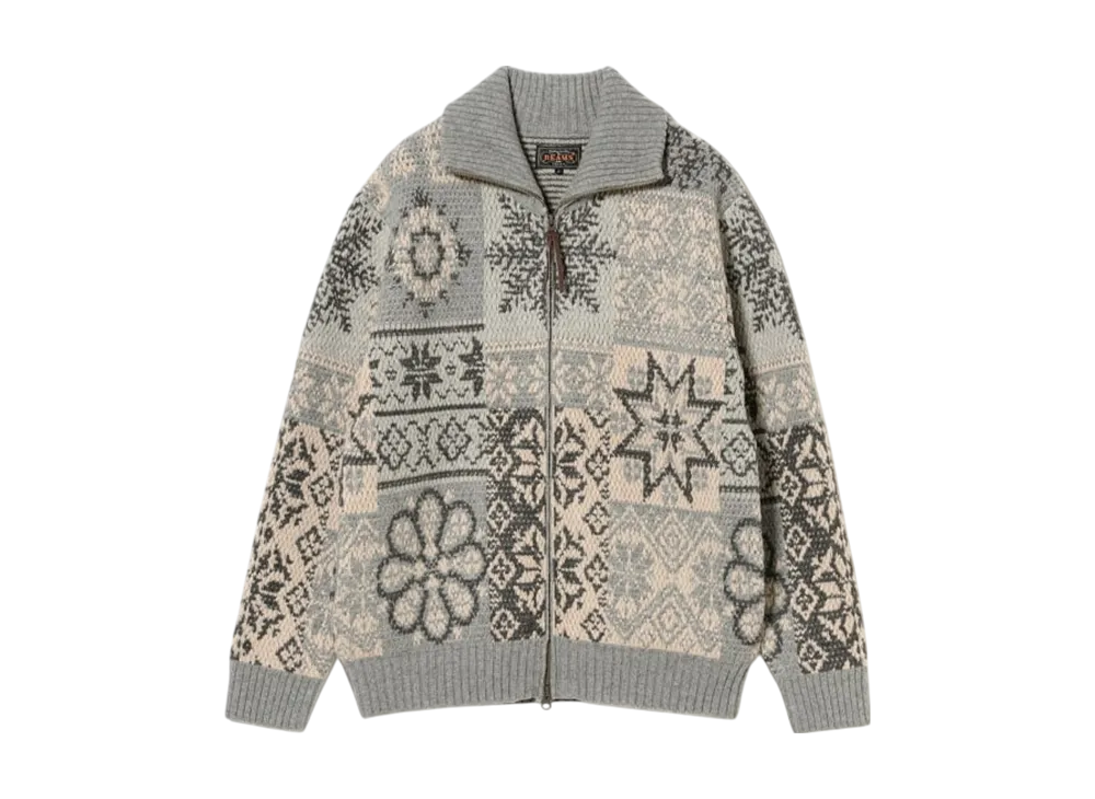 BEAMS Zip Cardigan Double Jacquard Patchwork Like Pattern "Gray"
