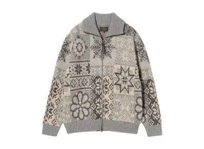 BEAMS Zip Cardigan Double Jacquard Patchwork Like Pattern "Gray"