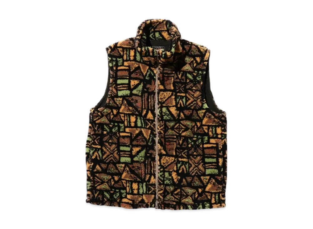 BEAMS Stand Collar Zip Vest Jacquard Boa "Batik"