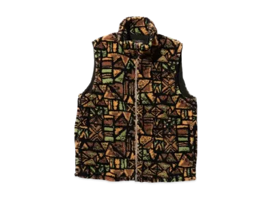 BEAMS Stand Collar Zip Vest Jacquard Boa "Batik"