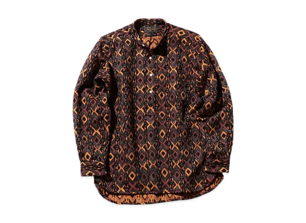 BEAMS Band Collar Pullover Batik Stripe Jacquard "Brown"