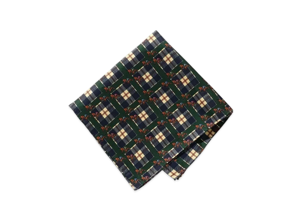 BEAMS Pocket Chief Check Horses Print "Green"