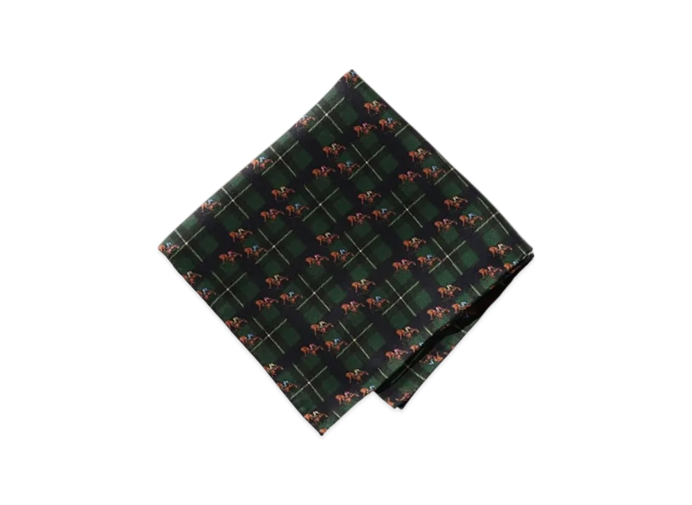 BEAMS Pocket Chief Check Horses Print "Navy"