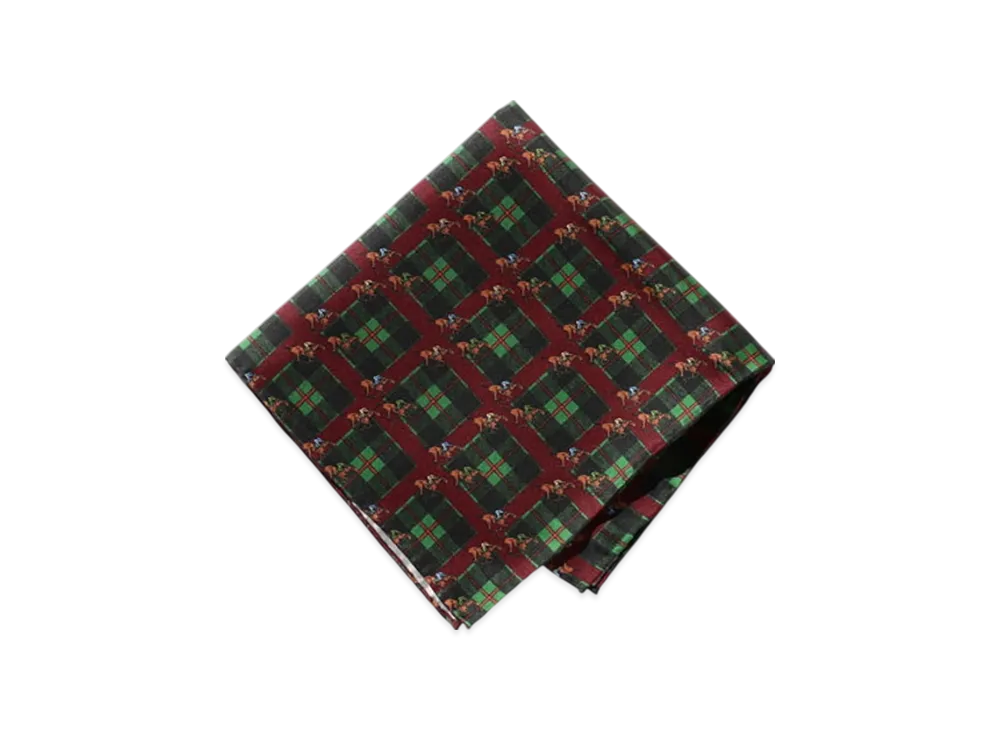 BEAMS Pocket Chief Check Horses Print "Burgundy"