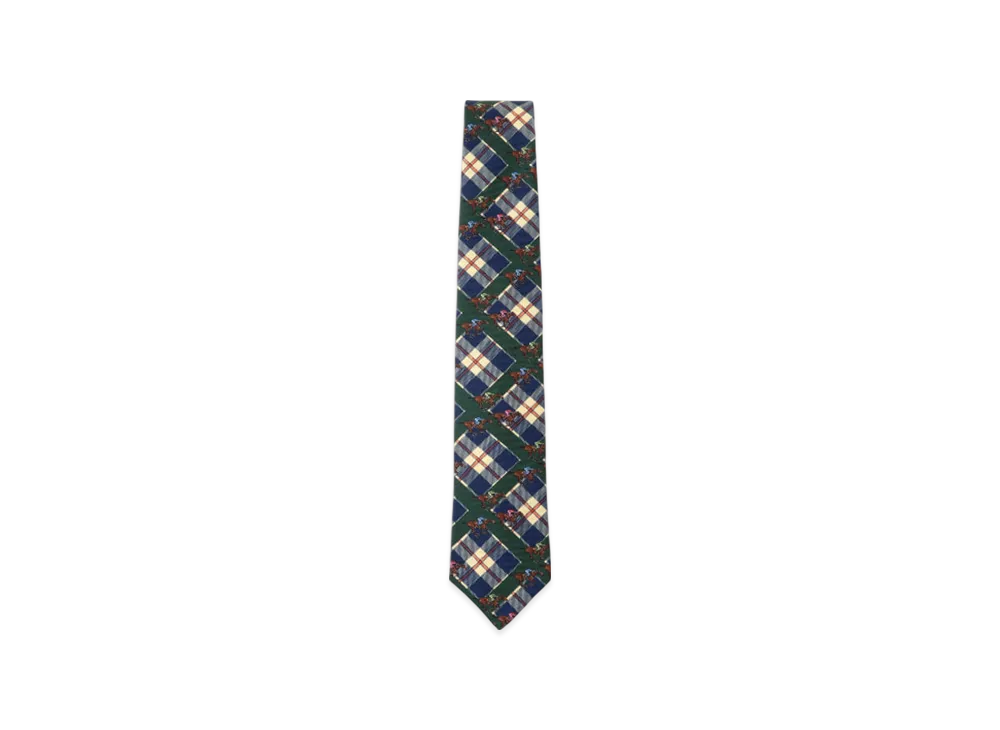 BEAMS Silk Tie Check Horses Print "Green"
