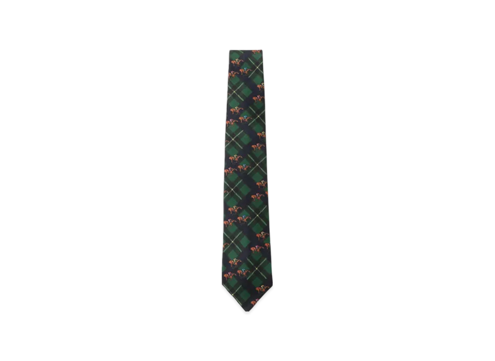 BEAMS Silk Tie Check Horses Print "Navy"