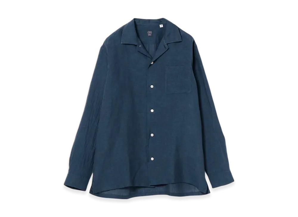 BEAMS Solid Linen Open Collar Shirt "Navy"