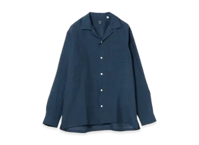 BEAMS Solid Linen Open Collar Shirt "Navy"