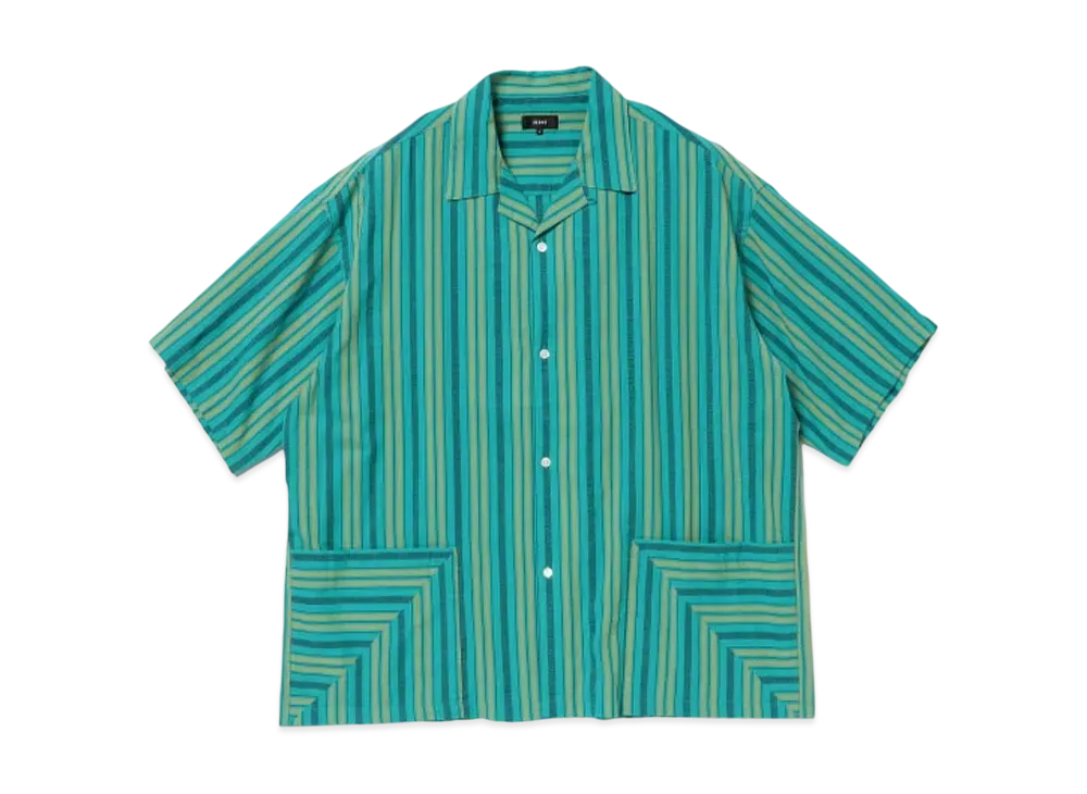 BEAMS Dobby Striped Open Collar Shirt "Teal"