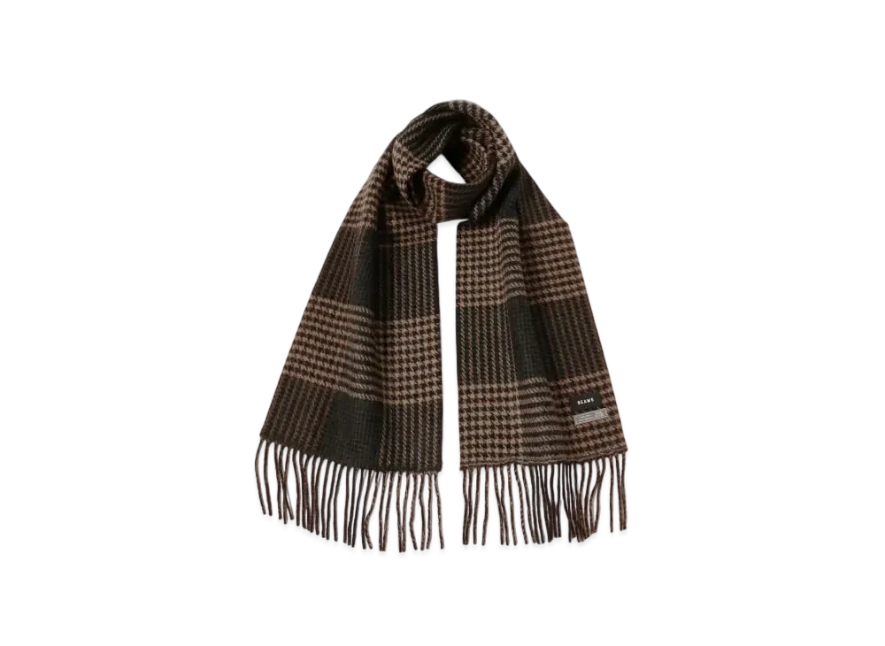 BEAMS Houndstooth Block Check Muffler "Brown"