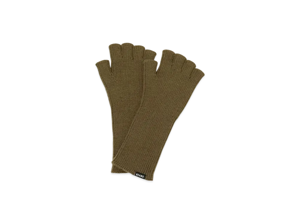 BEAMS Rim Knit Fingerless Gloves "Khaki"