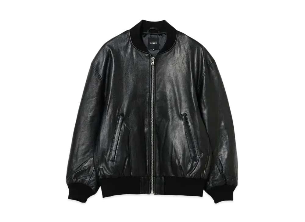 BEAMS Leather Bomber Jacket "Black"