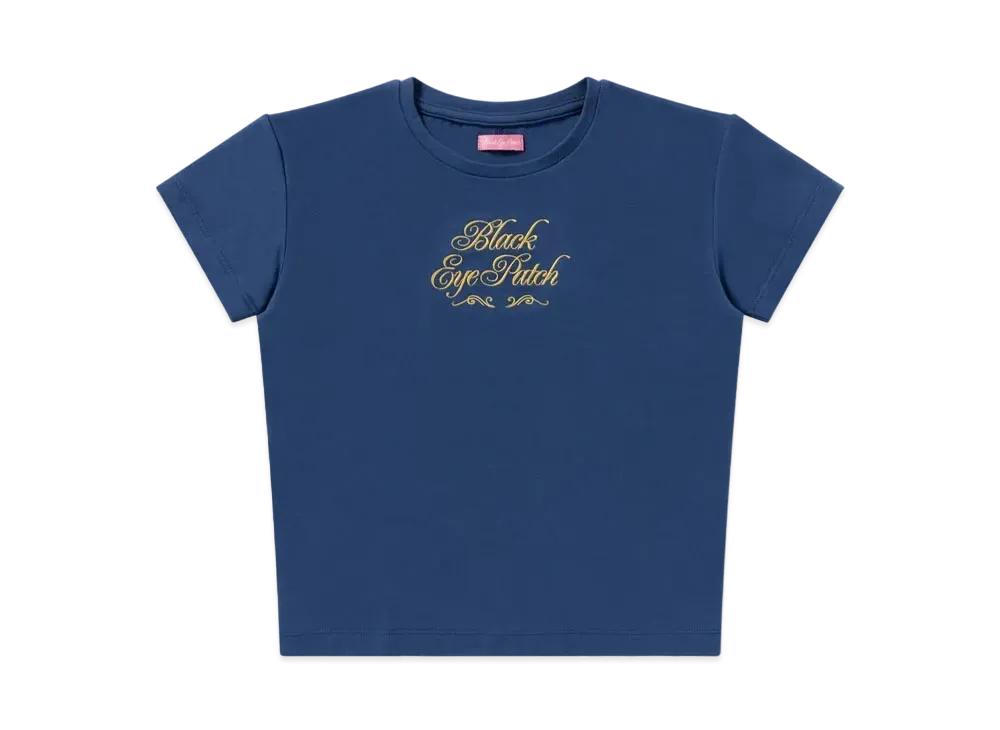 BlackEyePatch Women's Decor Script Baby Tee "Navy"