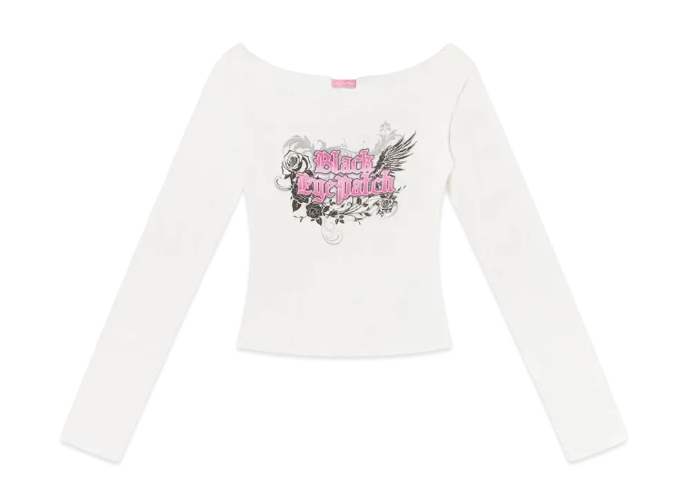 BlackEyePatch Roses And Wings Off Shoulder L/S Tee "White"