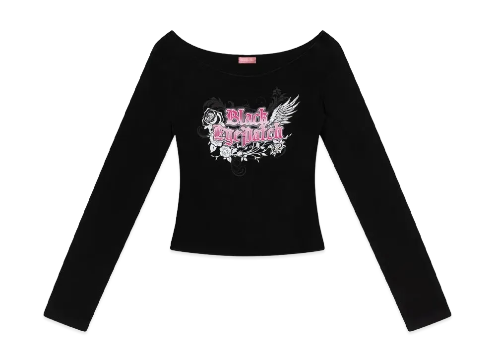 BlackEyePatch Roses And Wings Off Shoulder L/S Tee "Black"