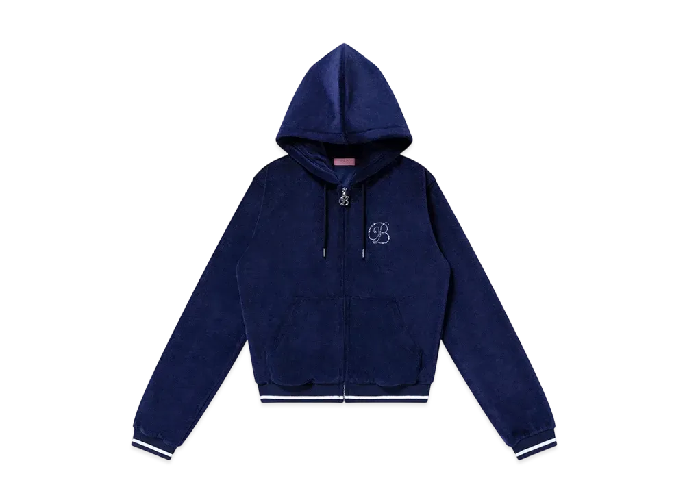 BlackEyePatch B Emblem Cropped Velour Zip Hoodie "Navy"