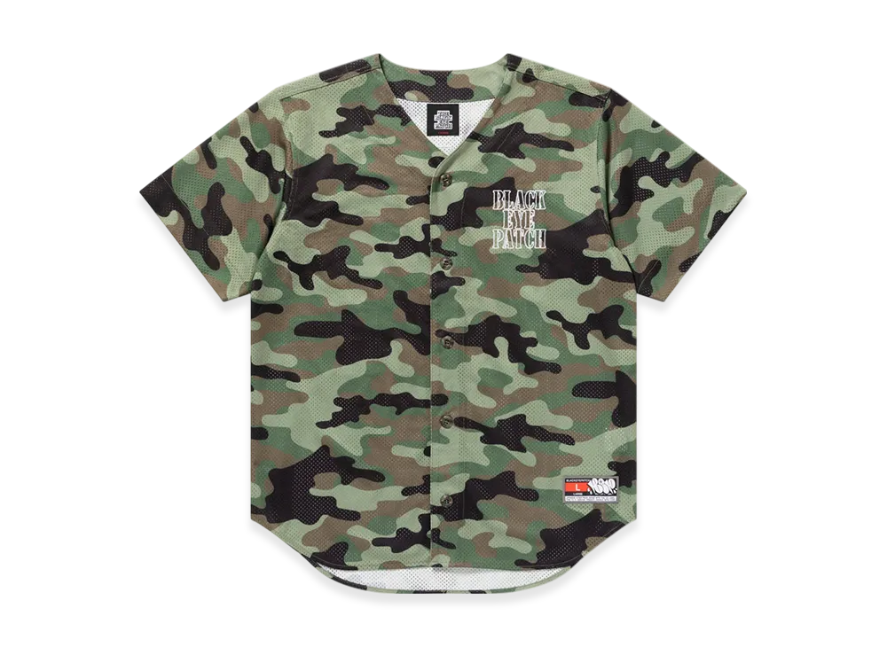 BlackEyePatch Outlined Stencil Logo Baseball Shirt "Green Camo"