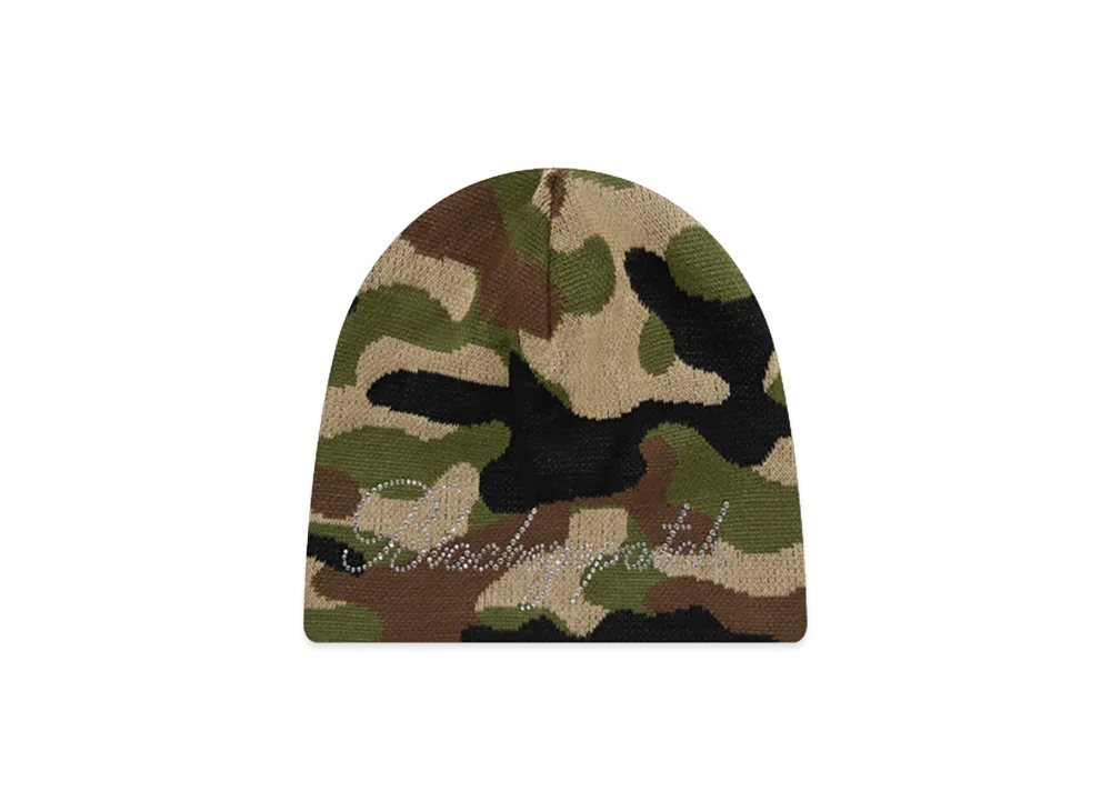 BlackEyePatch Rhinestoned Script Single Beanie "Woodland Camo"