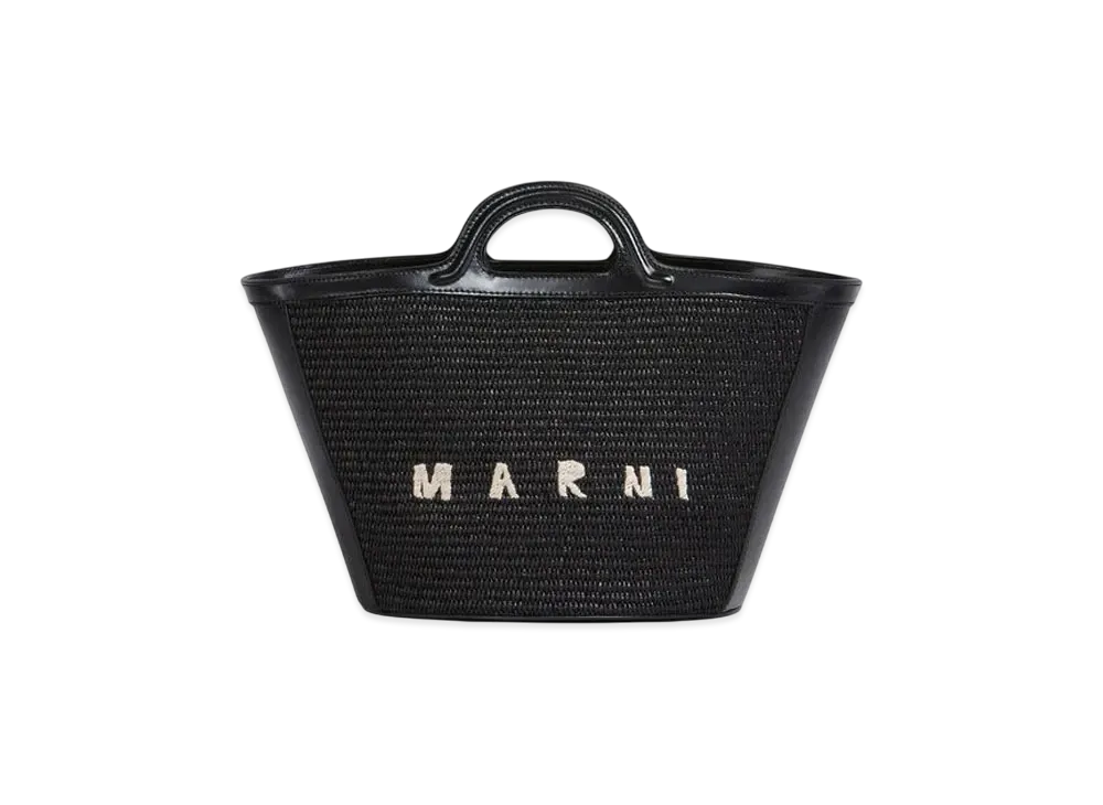 Marni Tropicalia Small Bag in Leather and Raffia-Effect Fabric "Black"