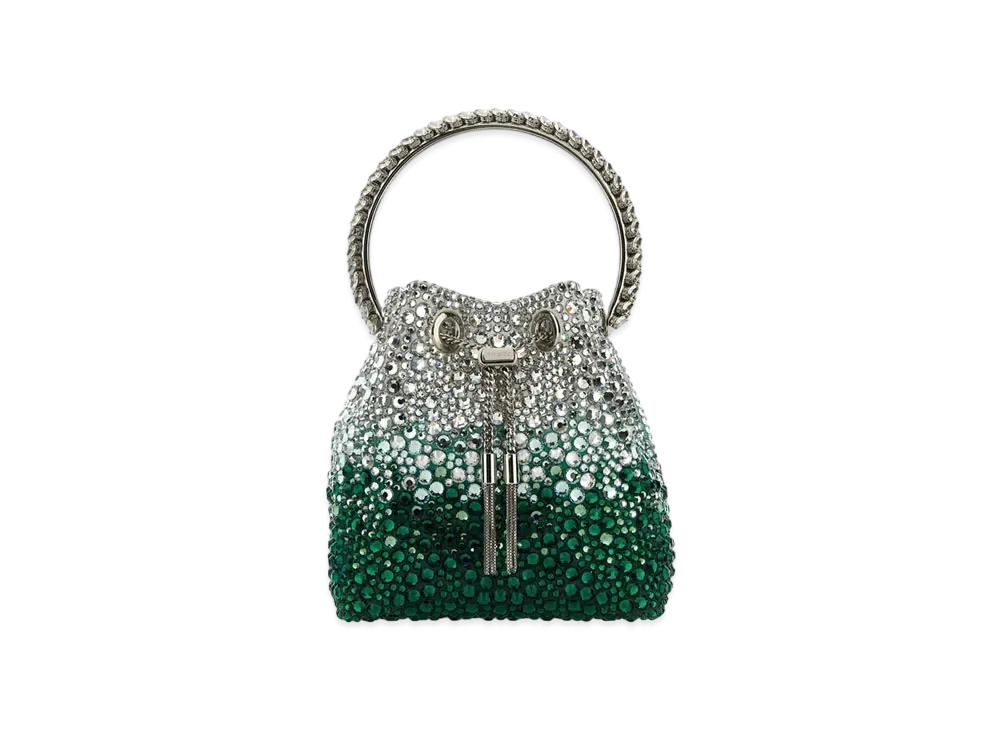 Jimmy Choo Bon Bon Candy Pink and Silver Satin Bag Withcrystals "Emerald/Silver"
