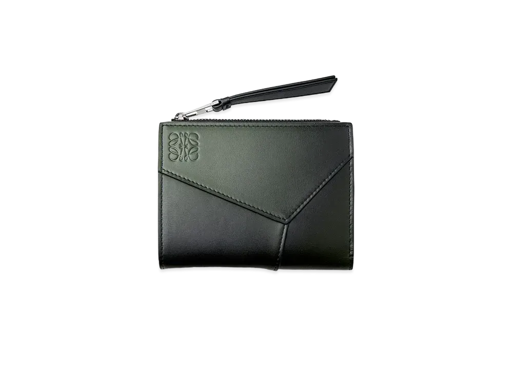 LOEWE Puzzle Slim Compact Wallet in Silk Calfskin "Bottle Green"