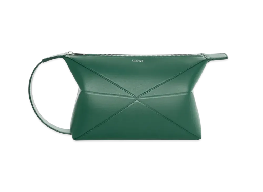 LOEWE Puzzle Fold Wash Bag in Shiny Calfskin "Evergreen"
