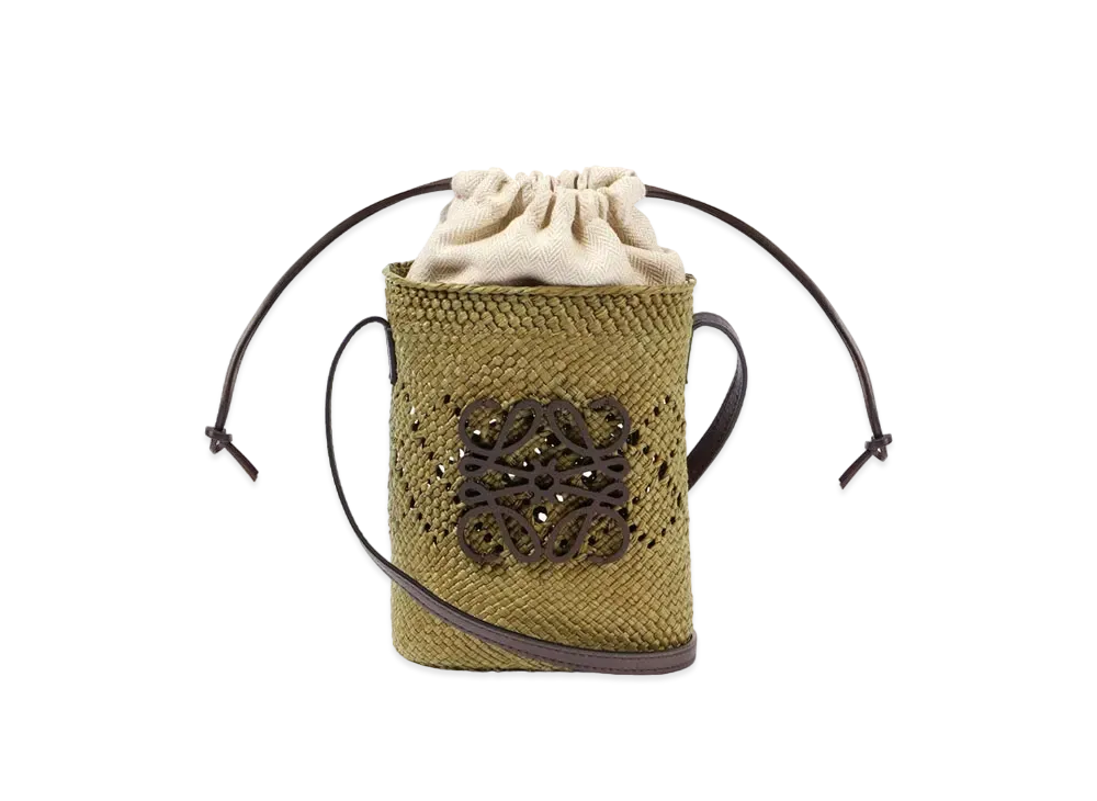 LOEWE Anagram Ajoure Square Pocket In Iraca Palm and Classic Calfskin "Olive/Chestnut"