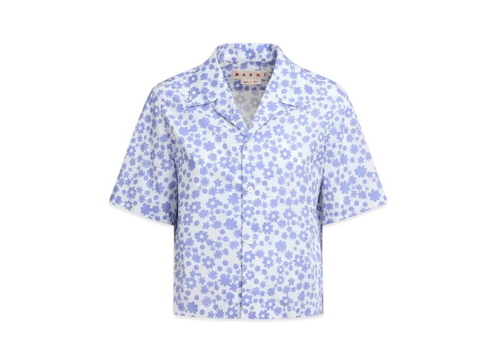 Marni Women's Poplin Bowling Shirt with Pop Fields Motif "Blue Lilac"