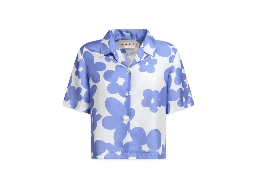 Marni Women's Silk Bowling Shirt with Dillies Motif "Blue Lilac"