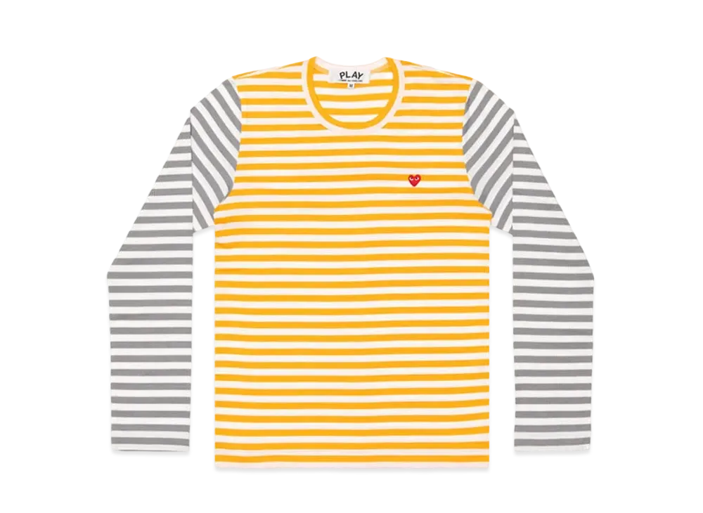 COMME des GARCONS PLAY CDG Small Red Heart Striped L/S T-Shirt Mens "Yellow/Gray"
