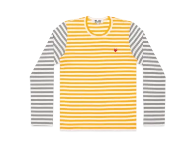COMME des GARCONS PLAY CDG Small Red Heart Striped L/S T-Shirt Mens "Yellow/Gray"
