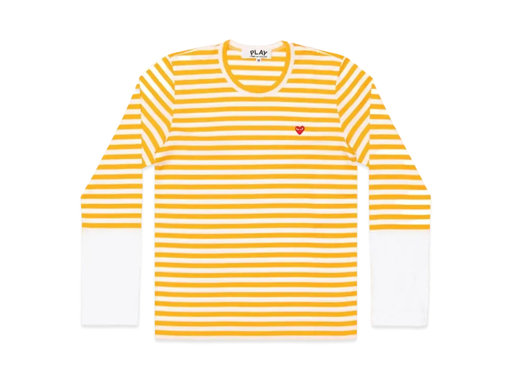 COMME des GARCONS PLAY CDG Small Red Heart Striped L/S T-Shirt Mens "Yellow/White"