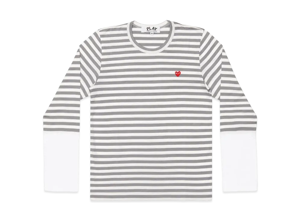 COMME des GARCONS PLAY CDG Small Red Heart Striped L/S T-Shirt Mens "Gray/White"