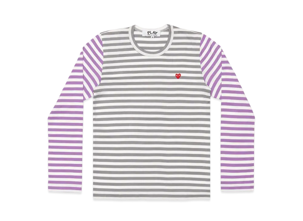 COMME des GARCONS PLAY CDG Small Red Heart Striped L/S T-Shirt Mens "Gray/Purple"