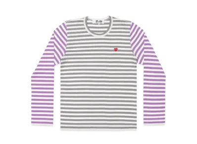 COMME des GARCONS PLAY CDG Small Red Heart Striped L/S T-Shirt Mens "Gray/Purple"