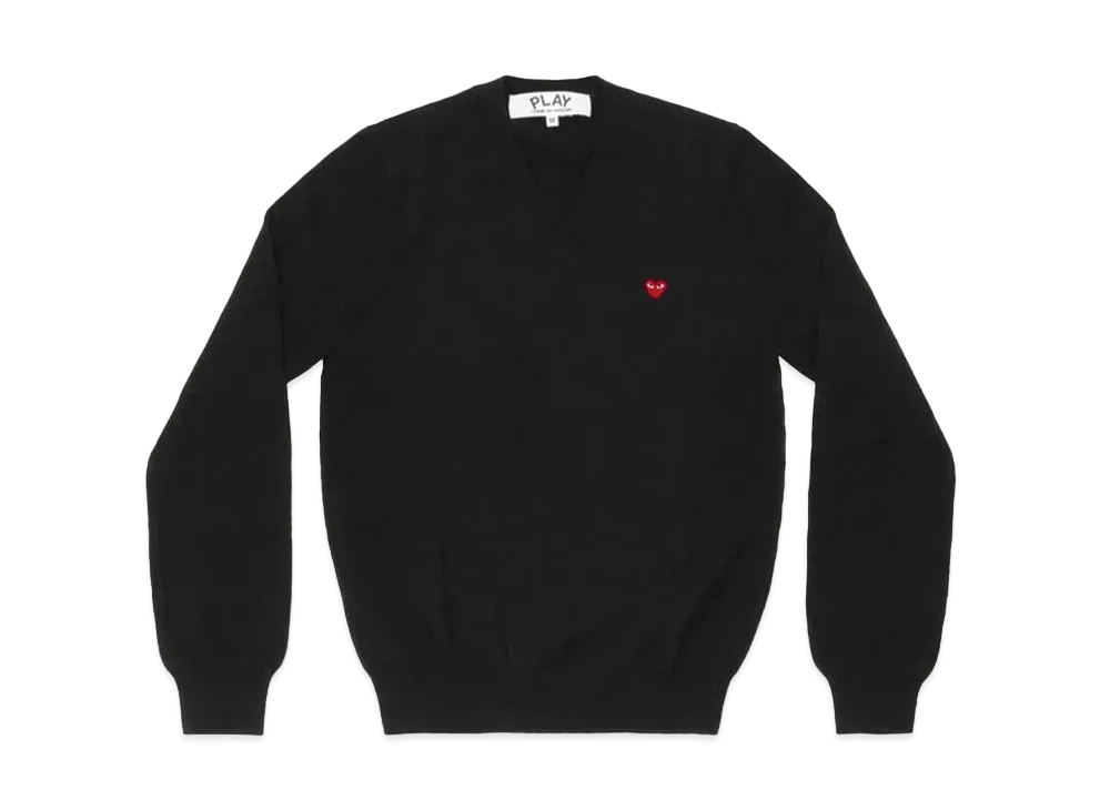 COMME des GARCONS PLAY CDG V Neck Sweater With Small Red Heart "Black"