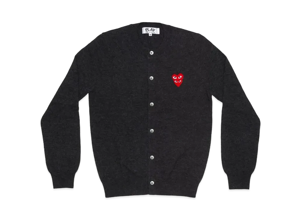 COMME des GARCONS PLAY CDG Double Red Heart Womens Crew Neck Cardigan "Chacoal Grey"