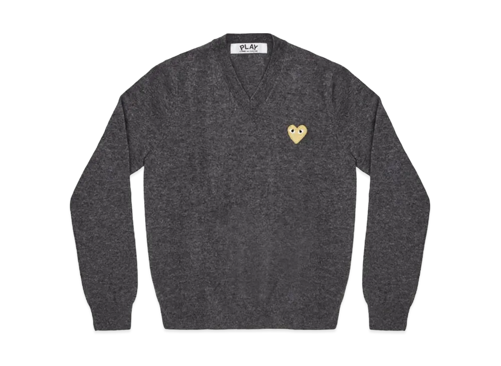 COMME des GARCONS PLAY CDG Gold Heart V Neck Sweater Mens "Medium Gray"