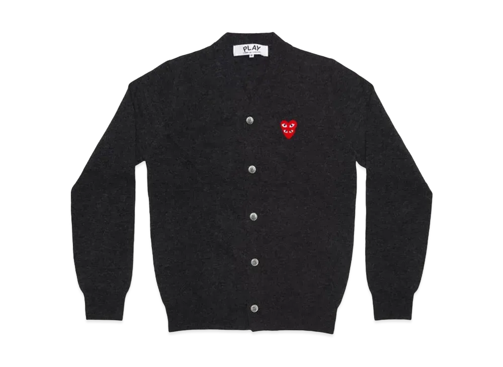 COMME des GARCONS PLAY CDG Double Red Heart Mens V Neck Cardigan "Chacoal Grey"
