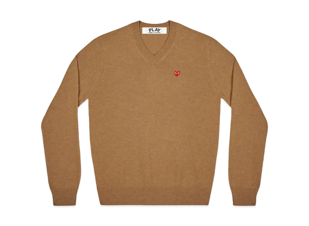 COMME des GARCONS PLAY CDG V Neck Sweater With Small Red Heart "Brown"