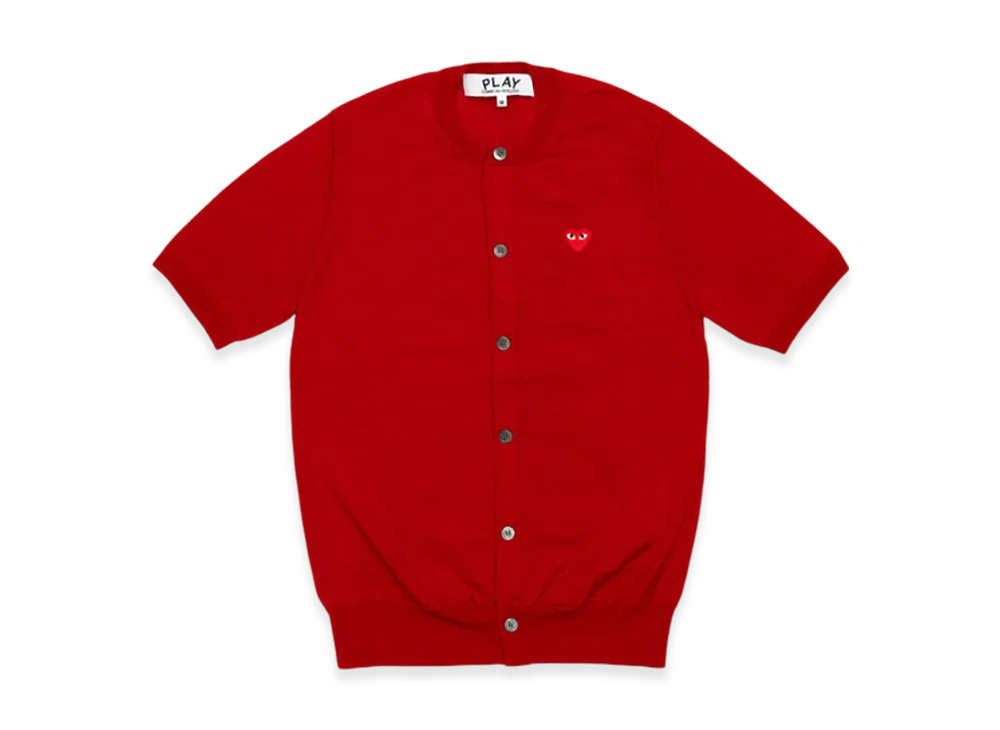 COMME des GARCONS PLAY Round Neck Short Sleeve Cardigan With Red Medium Emblem "Red"