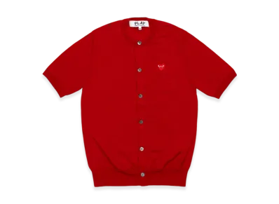 COMME des GARCONS PLAY Round Neck Short Sleeve Cardigan With Red Medium Emblem "Red"